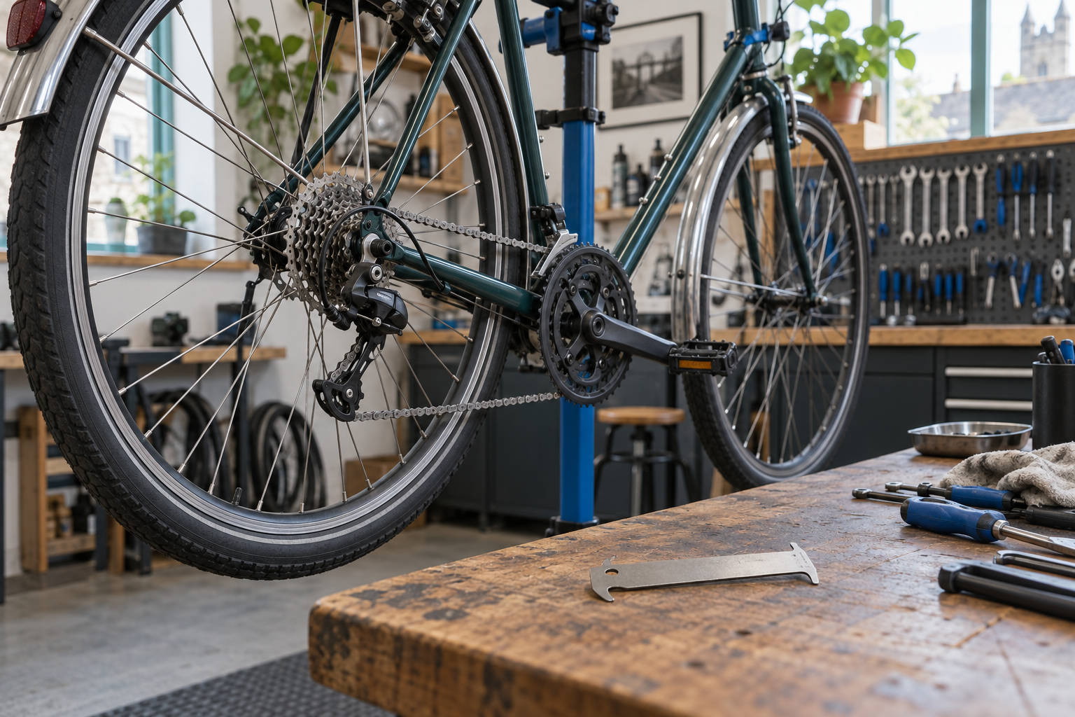 Commuter bicycle drivetrain in a repair stand beside chain inspection tools in a workshop