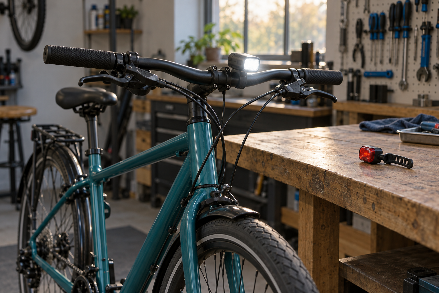 Illuminated front light on a commuter bicycle beside a workshop bench and rear cycle light