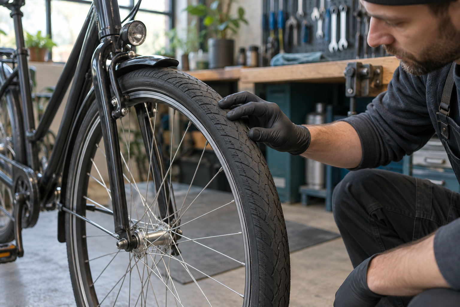 Mechanic inspecting a commuter bicycle tyre beside a workshop bench