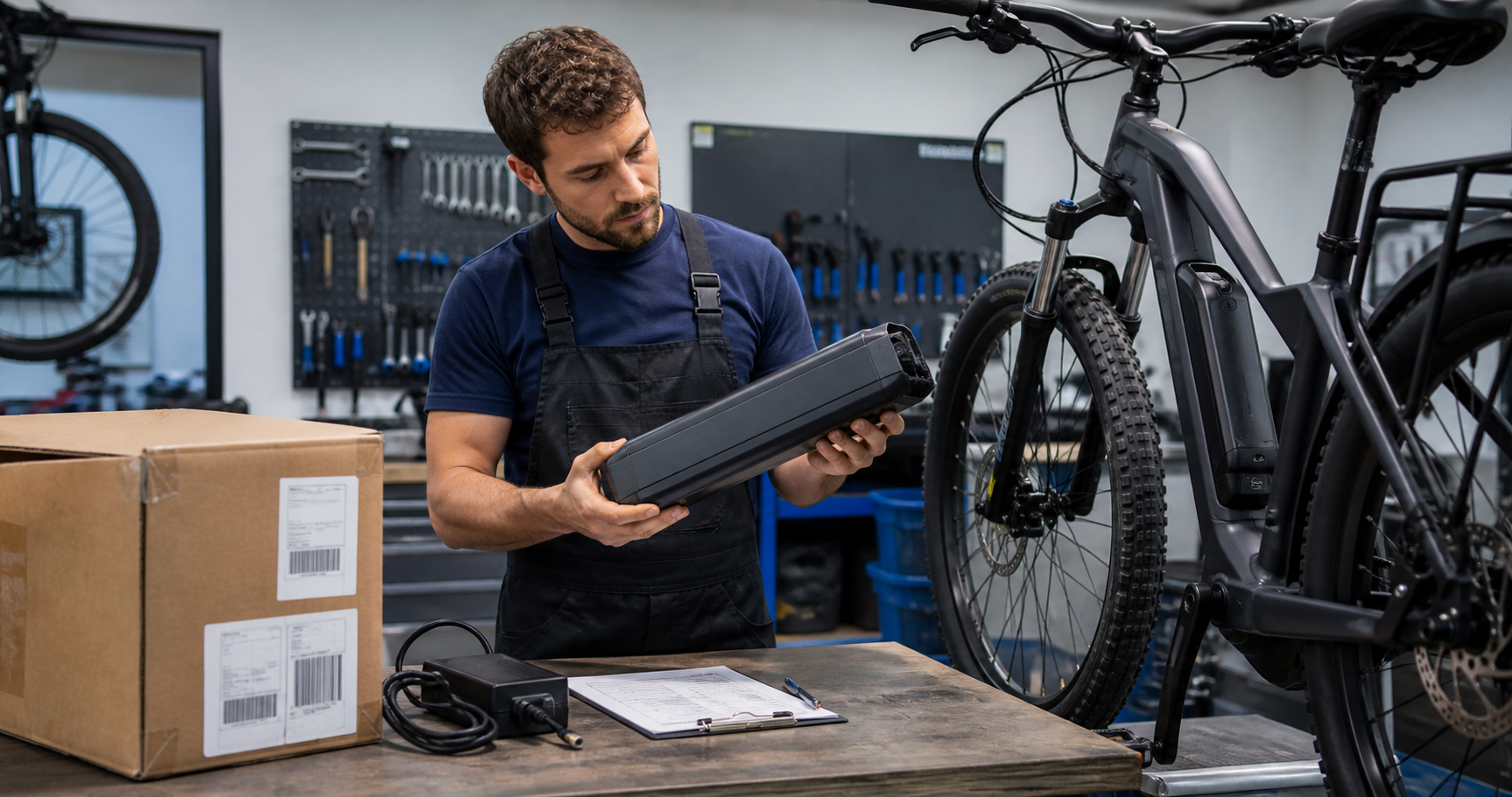Bike workshop technician checking an imported e-bike battery and charger against intake paperwork before service approval