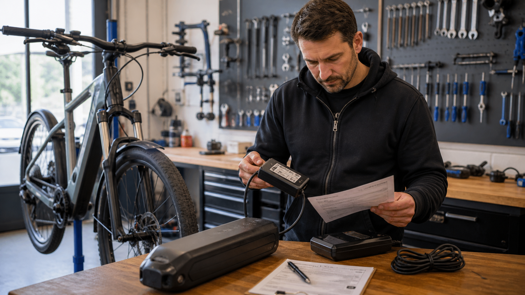Bike workshop technician comparing an imported e-bike battery and charger with intake paperwork before approval