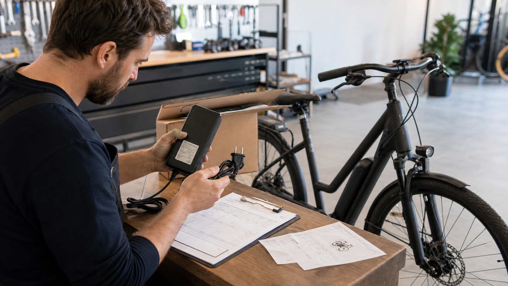 Bike workshop technician checking an imported e-bike charger and supplier paperwork before accepting the bike into stock
