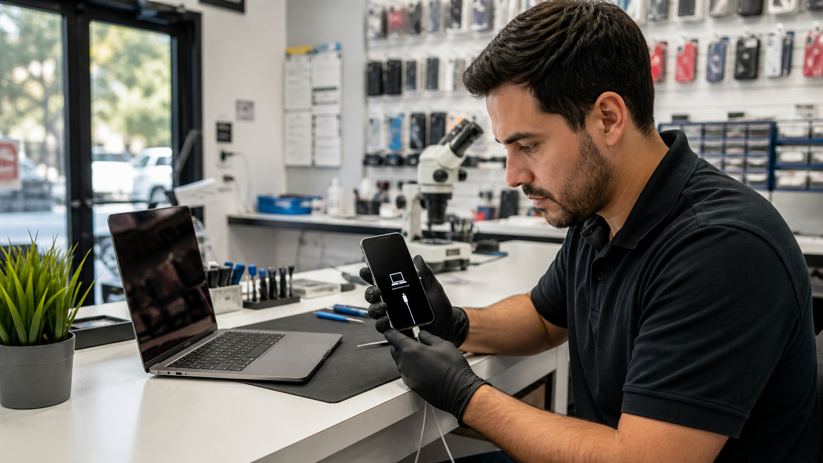 Repair technician checking an iPhone showing a connect-to-computer recovery screen at a service counter