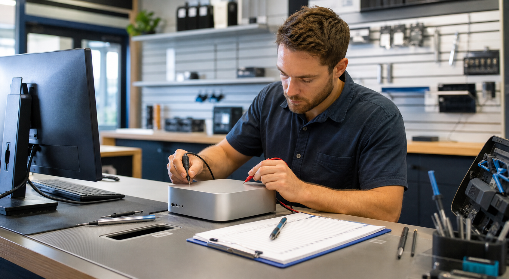 Technician diagnosing a compact desktop computer for a no-power issue at a repair counter