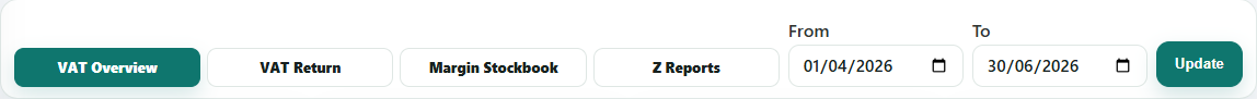 Accounting tabs for Tax Overview, Tax Return, Margin Stockbook, Z Reports and date filters