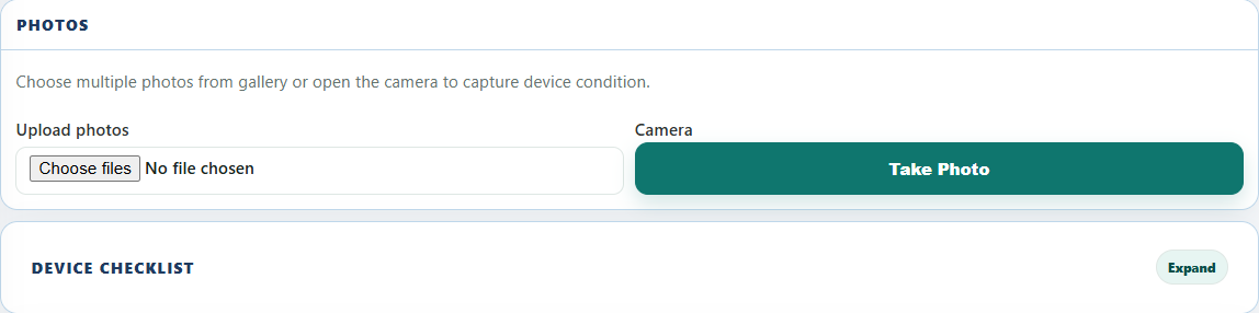 Book Repair photos upload and device checklist sections