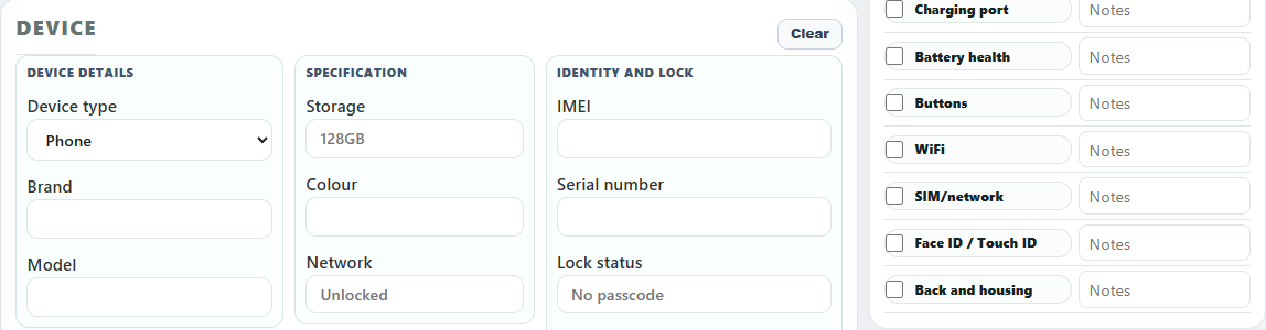 Item details, specification, IMEI, lock status and checks panel