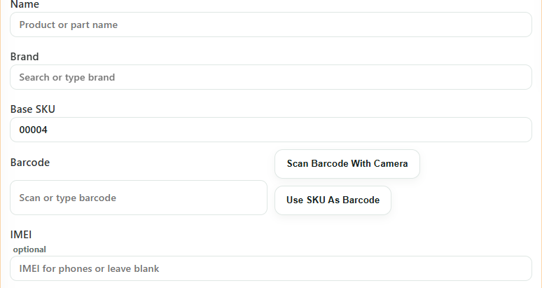 Add Inventory barcode, SKU and IMEI fields