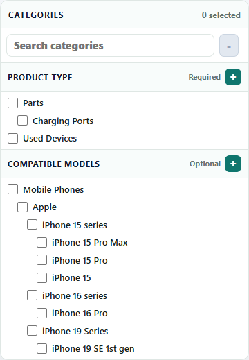 Add Inventory categories and applies-to checklist