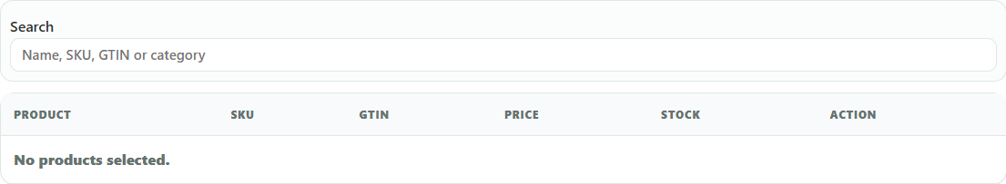 Inventory labels search field and selected products table