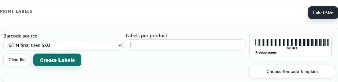 Inventory label setup with barcode source, quantity and label preview