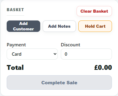 POS basket with customer, notes, hold cart, payment, discount and total