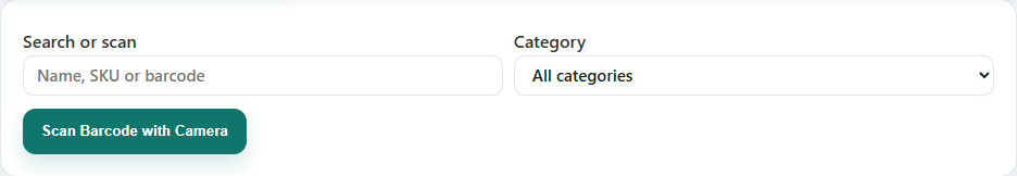 POS search, category filter and barcode scan controls
