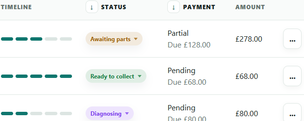 Repair status badges, payment details and action menu buttons