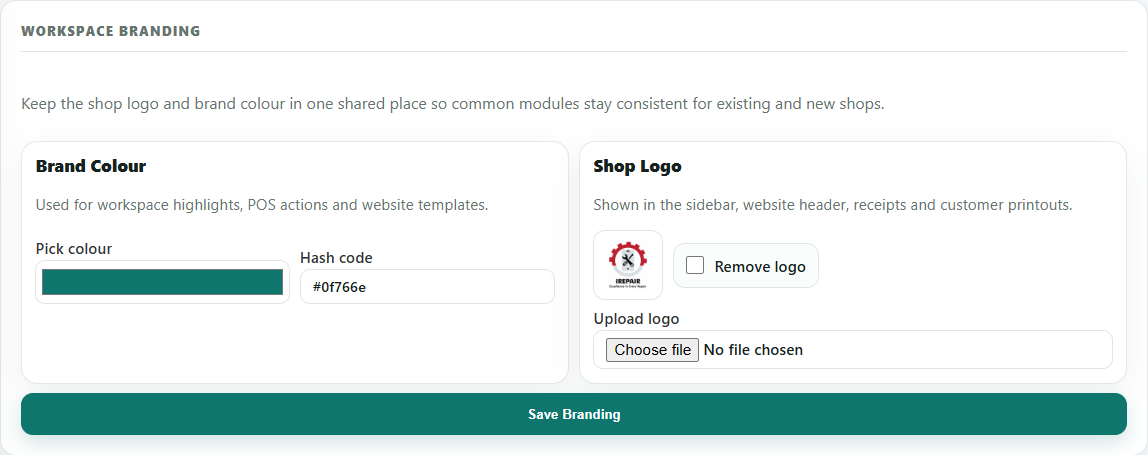 Settings branding area with brand colour, hash code, shop logo and save button