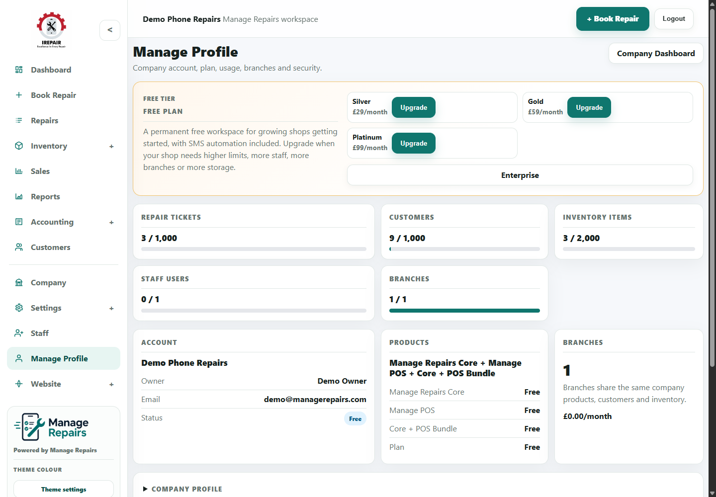 Manage Profile page showing plan and account options