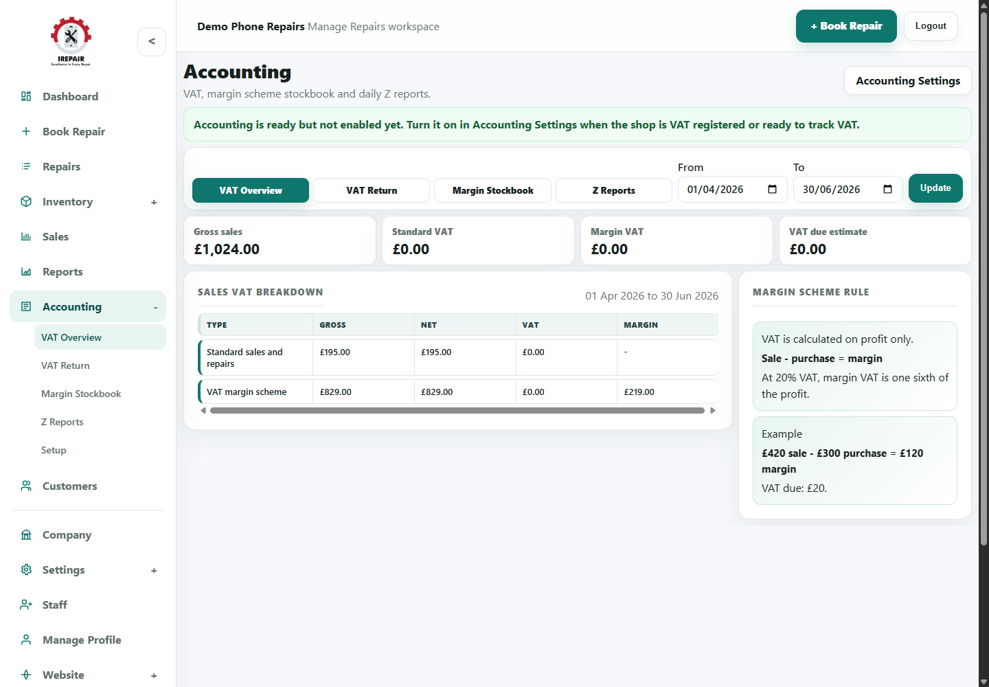 Accounting tax overview screen for shop records