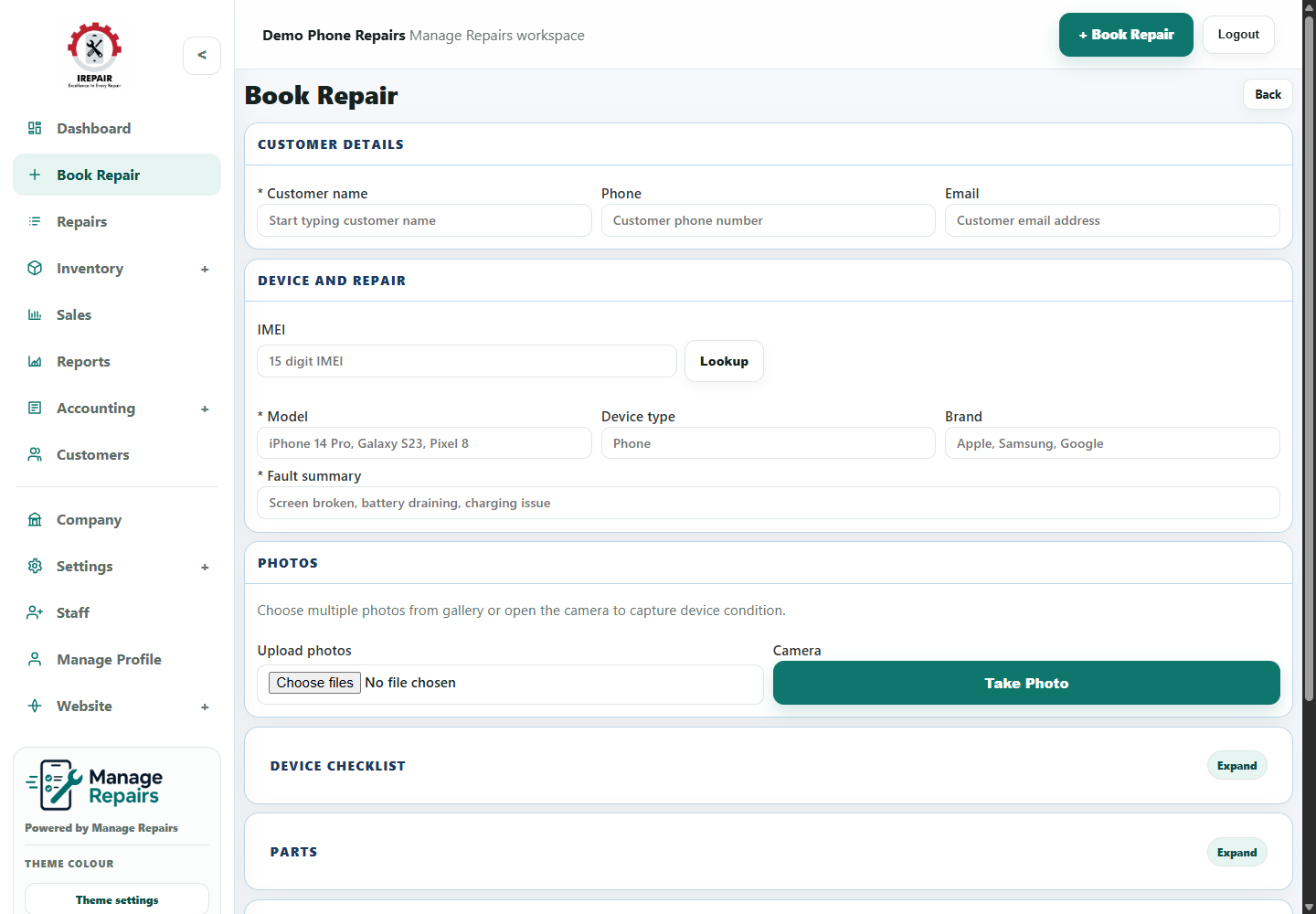 Book Repair form showing customer details, IMEI, device and repair fields