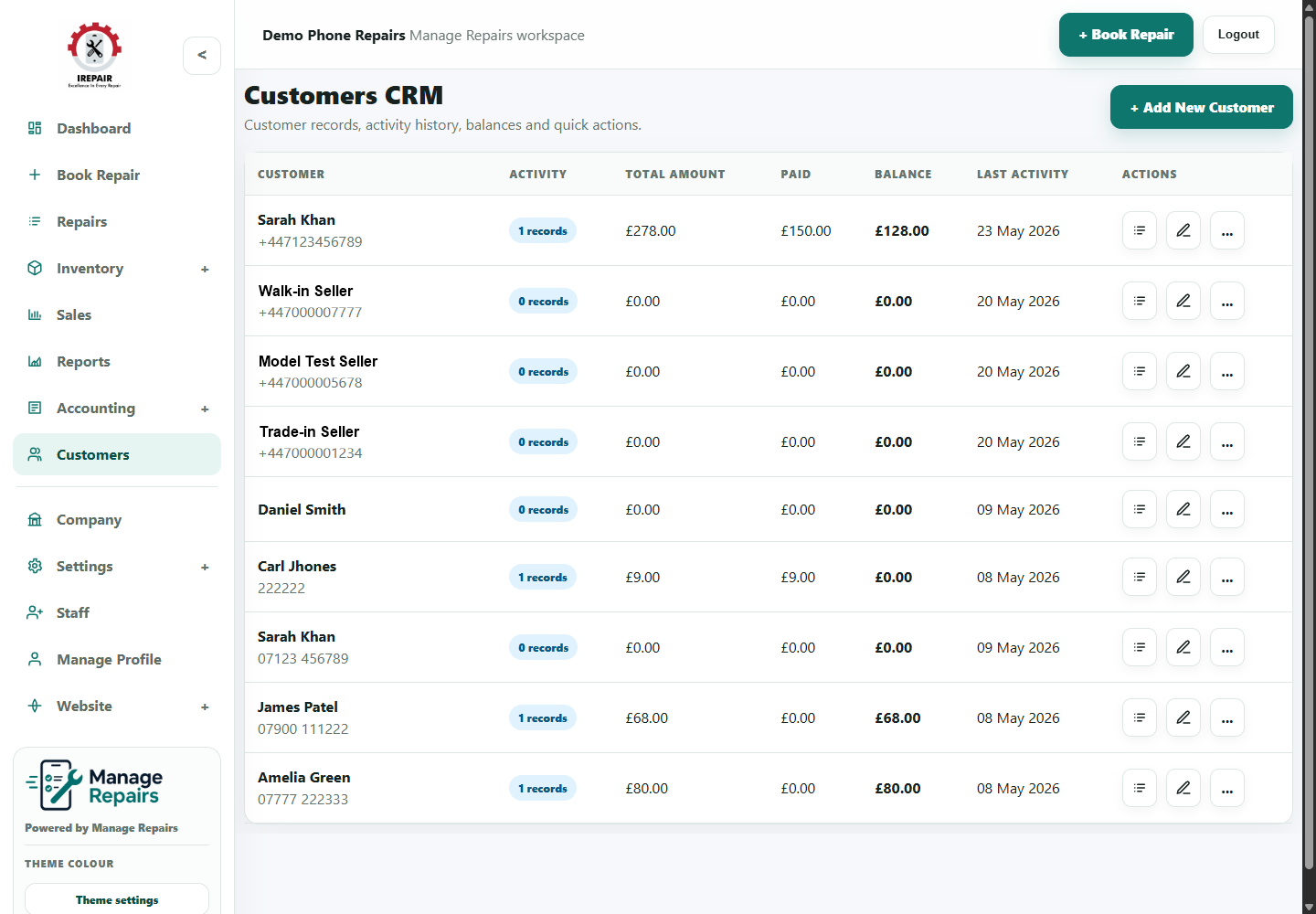 Customers page with customer records and search tools