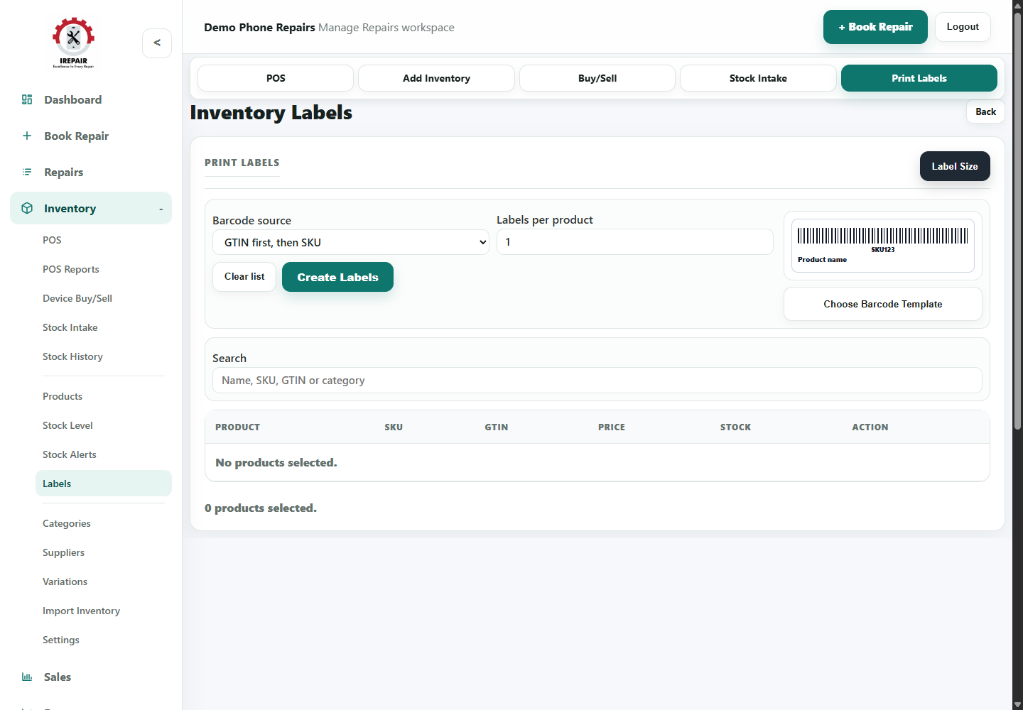 Inventory labels screen with product search and print controls