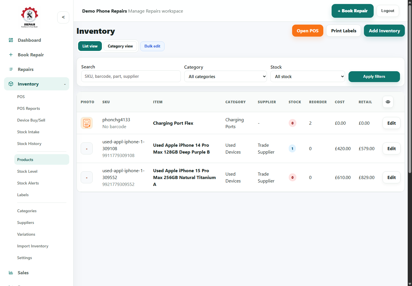 Inventory products list with stock levels, filters and product rows