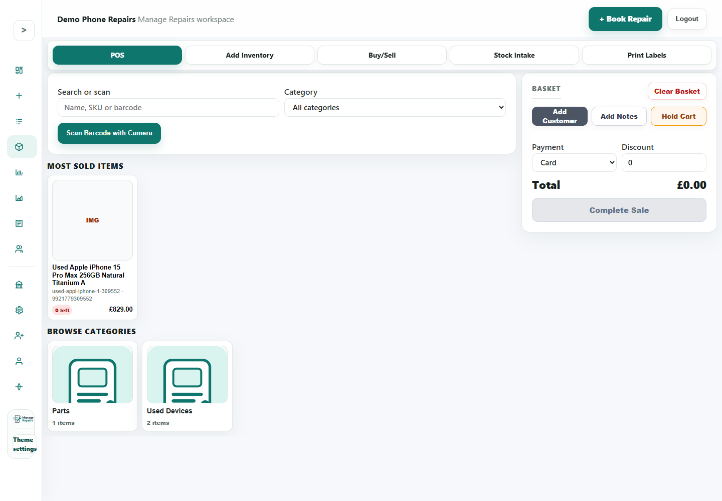 POS checkout screen with search, basket, customer and payment controls