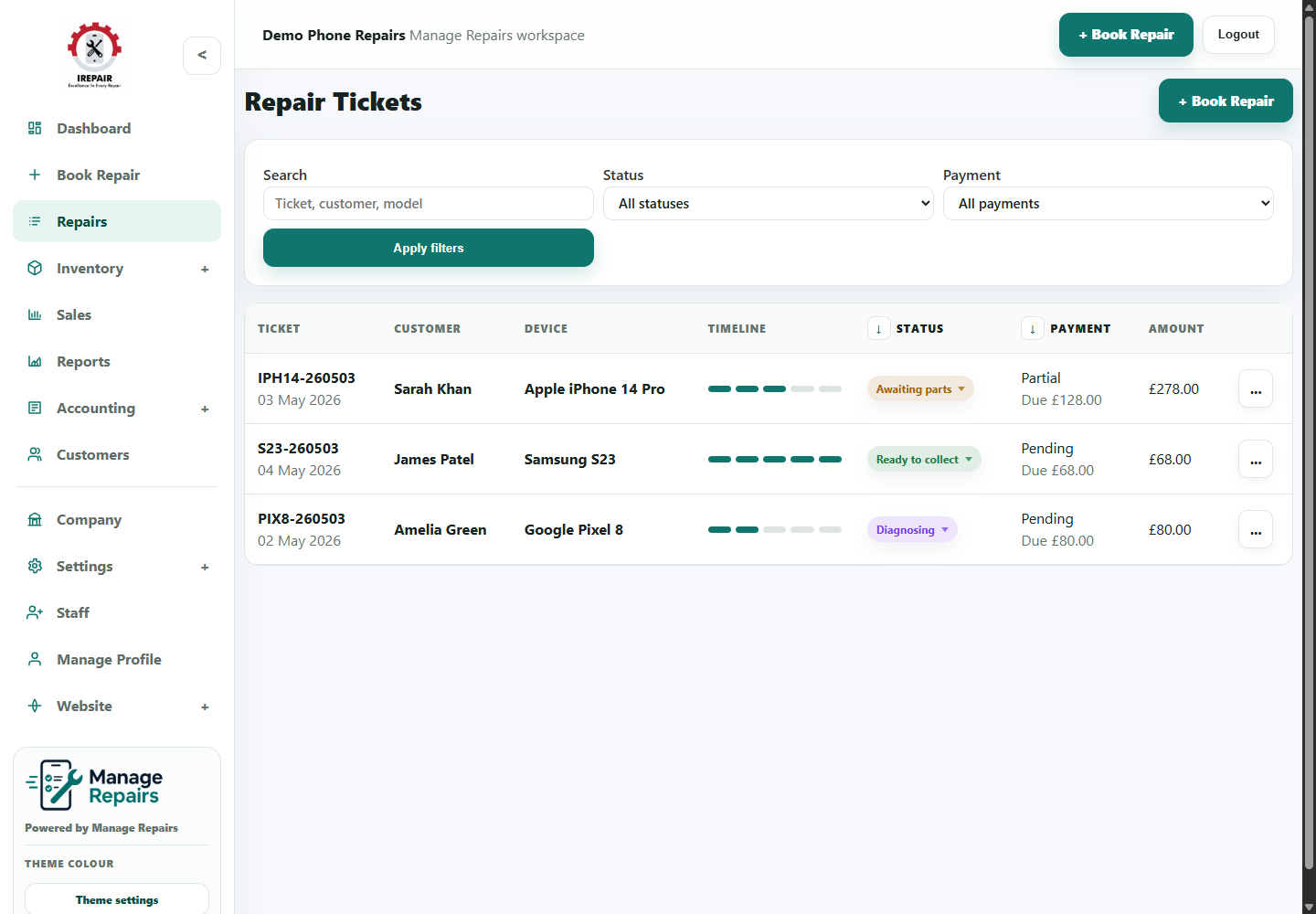 Repairs list with search filters and repair job rows