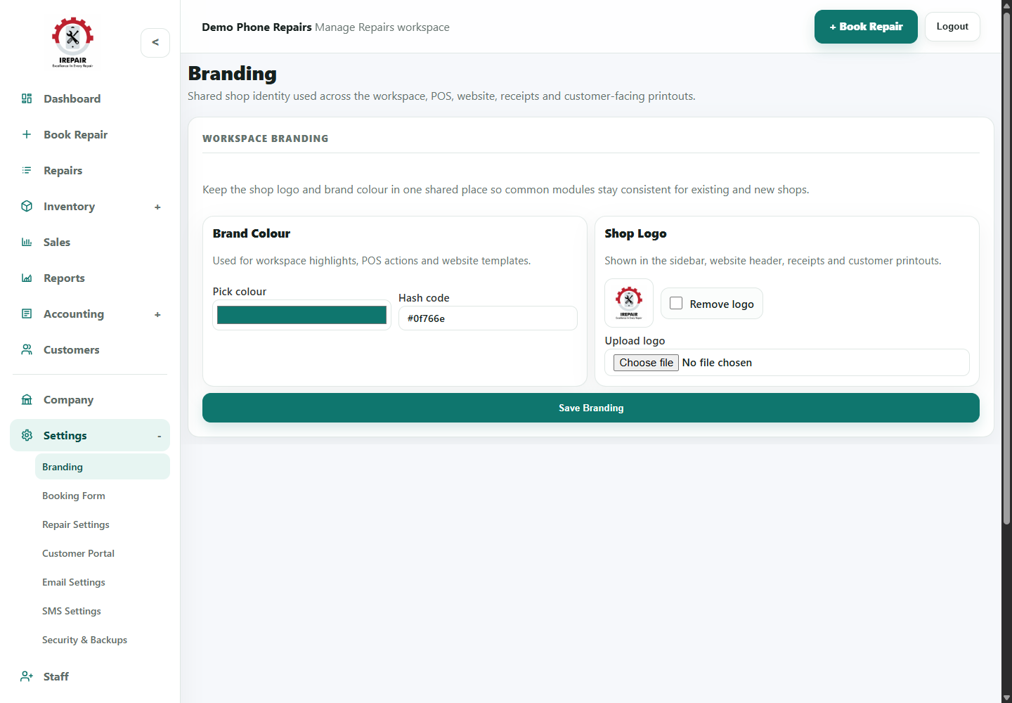 Settings page for branding and workspace customisation