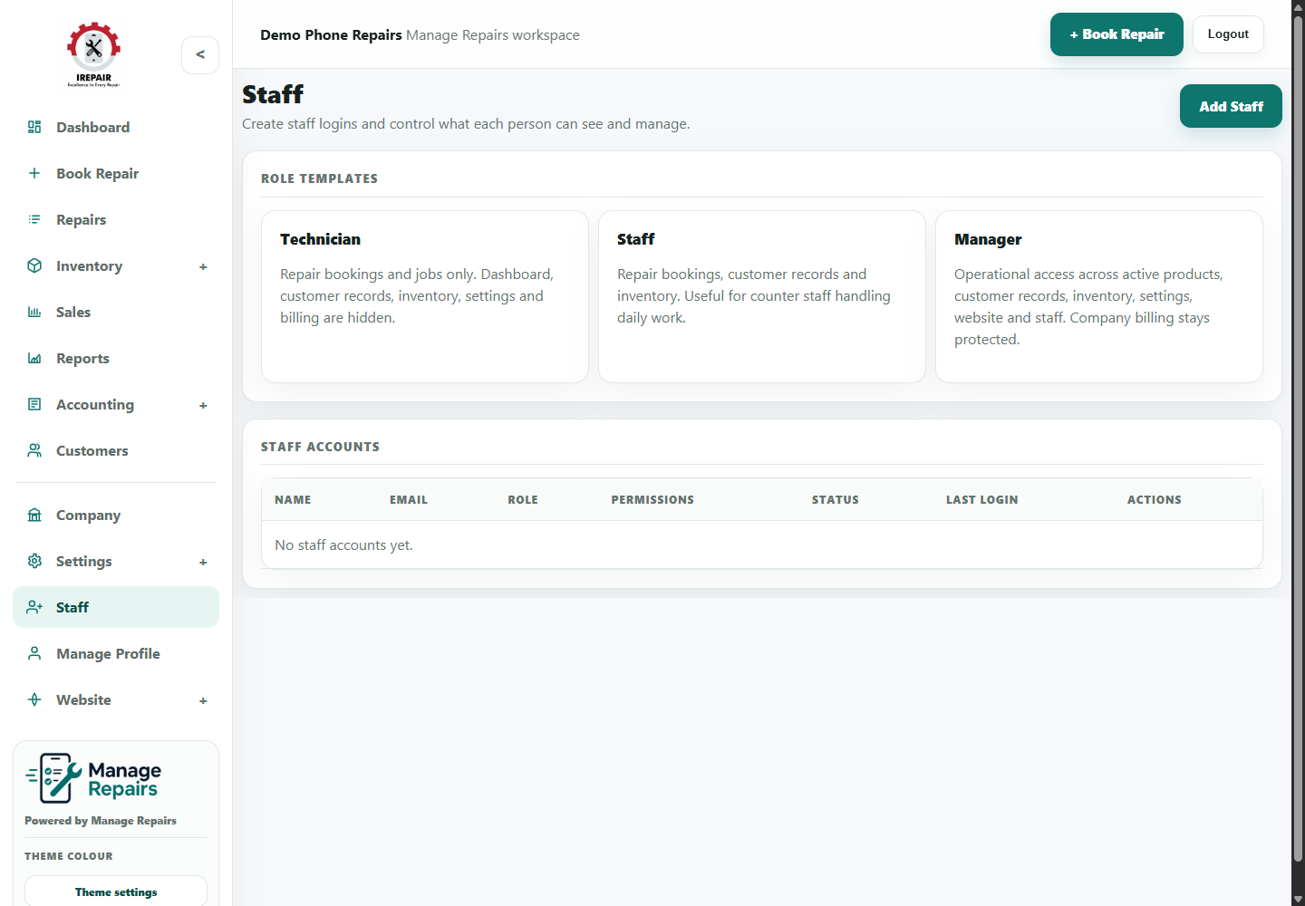 Staff page for managing team access
