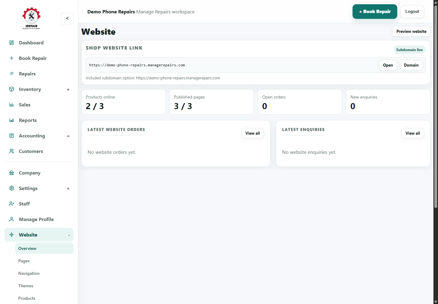 Website tools overview for pages, products, orders and settings